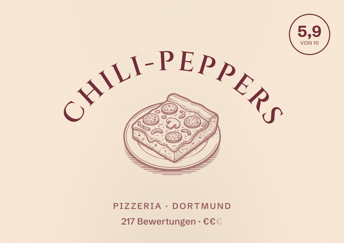 Illustriertes Poster von Chili-Peppers, Pizzeria in Dortmund: Bewertung 5,9 von 10 aus 217 Bewertungen, Preisniveau €€
