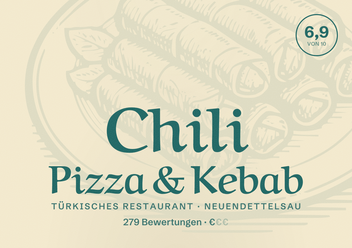 Illustriertes Poster von Chili Pizza & Kebab, Türkisches Restaurant in Neuendettelsau: Bewertung 6,9 von 10 aus 279 Bewertungen, Preisniveau €