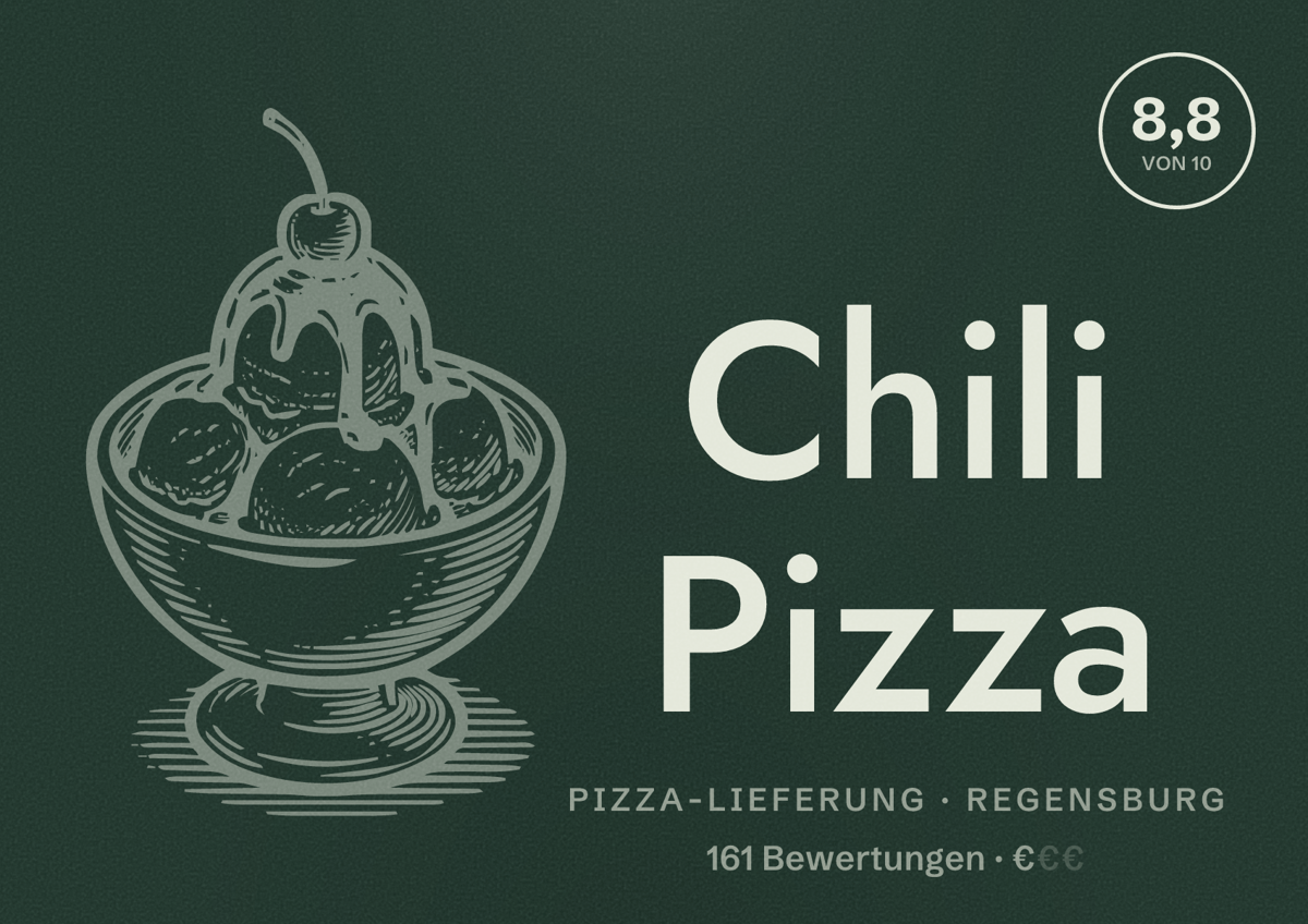 Illustriertes Poster von Chili Pizza, Pizza-Lieferung in Regensburg: Bewertung 8,8 von 10 aus 161 Bewertungen, Preisniveau €