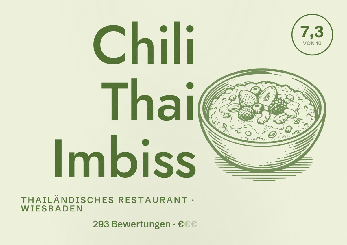 Illustriertes Poster von Chili Thai Imbiss, Thailändisches Restaurant in Wiesbaden: Bewertung 7,3 von 10 aus 293 Bewertungen, Preisniveau €
