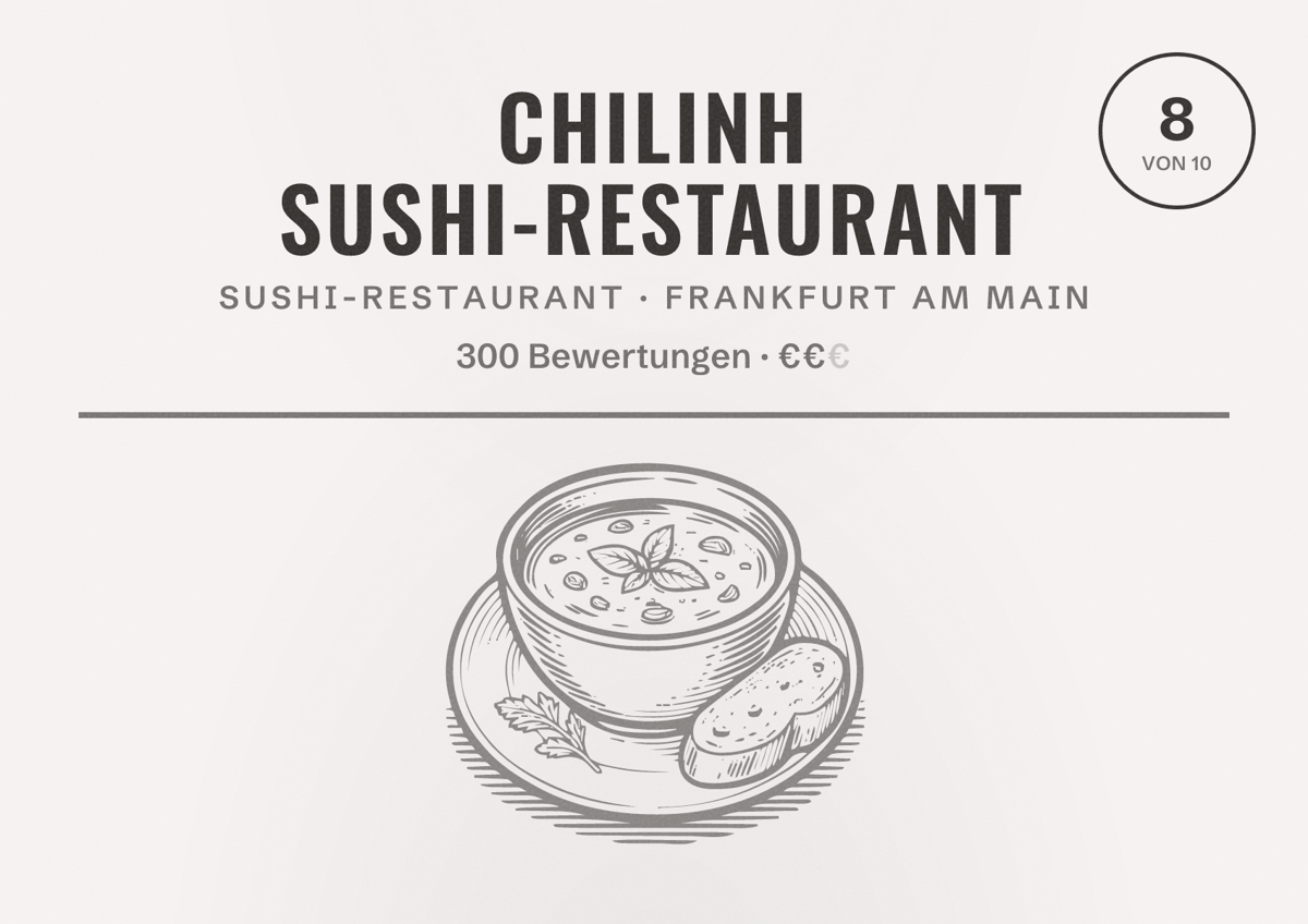 Illustriertes Poster von CHILINH Sushi-Restaurant, Sushi-Restaurant in Frankfurt am Main: Bewertung 8,0 von 10 aus 300 Bewertungen, Preisniveau €€