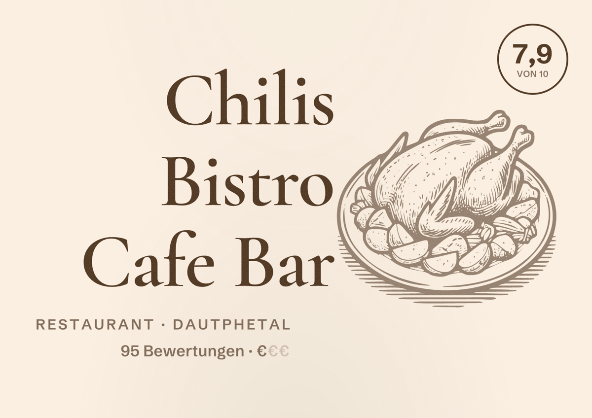 Illustriertes Poster von Chilis Bistro Cafe Bar, Restaurant in Dautphetal: Bewertung 7,9 von 10 aus 95 Bewertungen, Preisniveau €