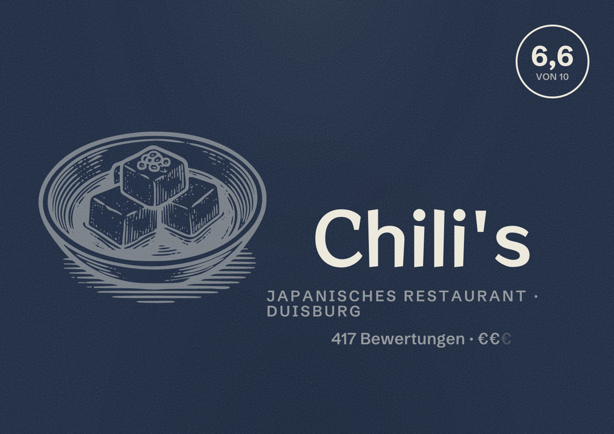 Illustriertes Poster von Chili's, Japanisches Restaurant in Duisburg: Bewertung 6,6 von 10 aus 417 Bewertungen, Preisniveau €€