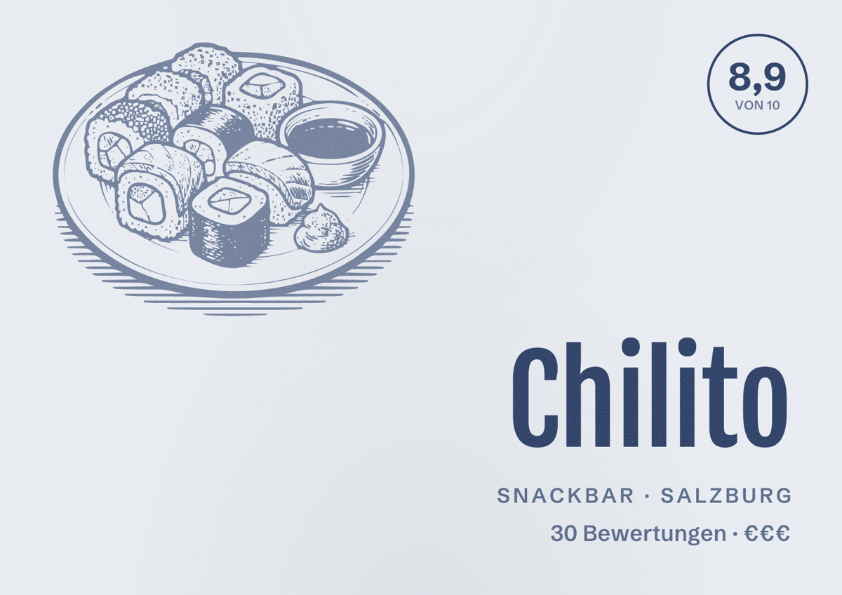 Illustriertes Poster von Chilito, Snackbar in Salzburg: Bewertung 8,9 von 10 aus 30 Bewertungen, Preisniveau €€€