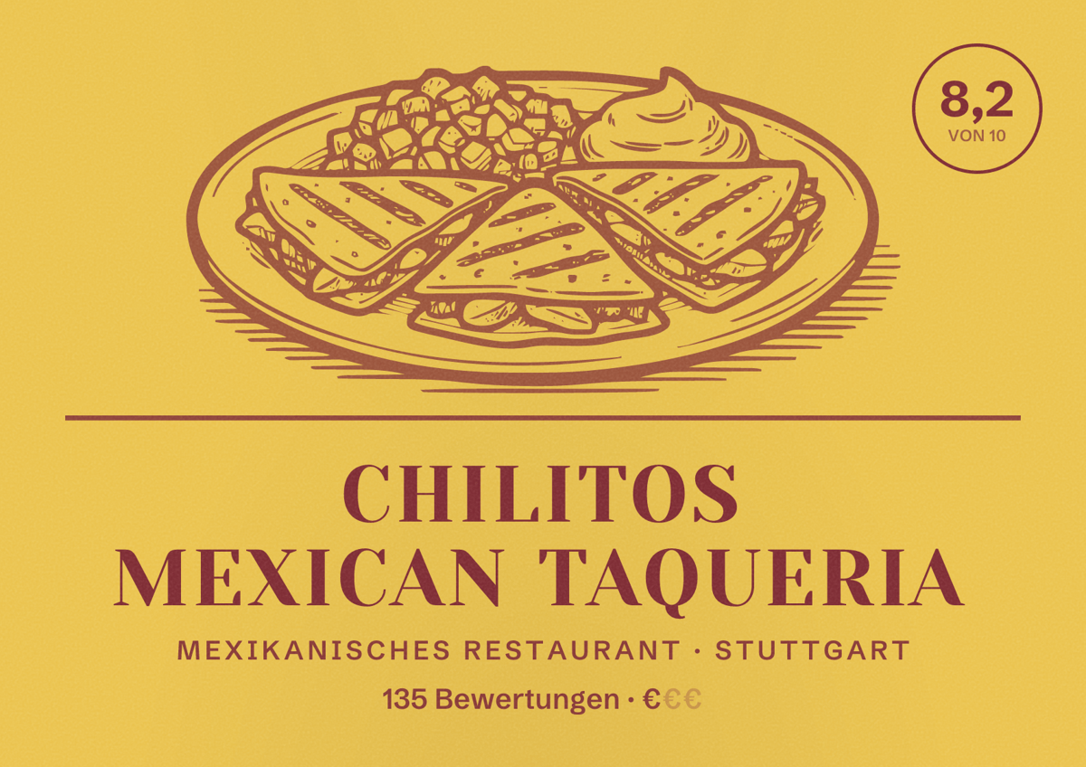 Illustriertes Poster von Chilitos Mexican Taqueria, Mexikanisches Restaurant in Stuttgart: Bewertung 8,2 von 10 aus 135 Bewertungen, Preisniveau €