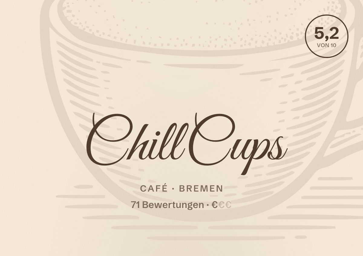 Illustriertes Poster von Chill Cups, Café in Bremen: Bewertung 5,2 von 10 aus 71 Bewertungen, Preisniveau €
