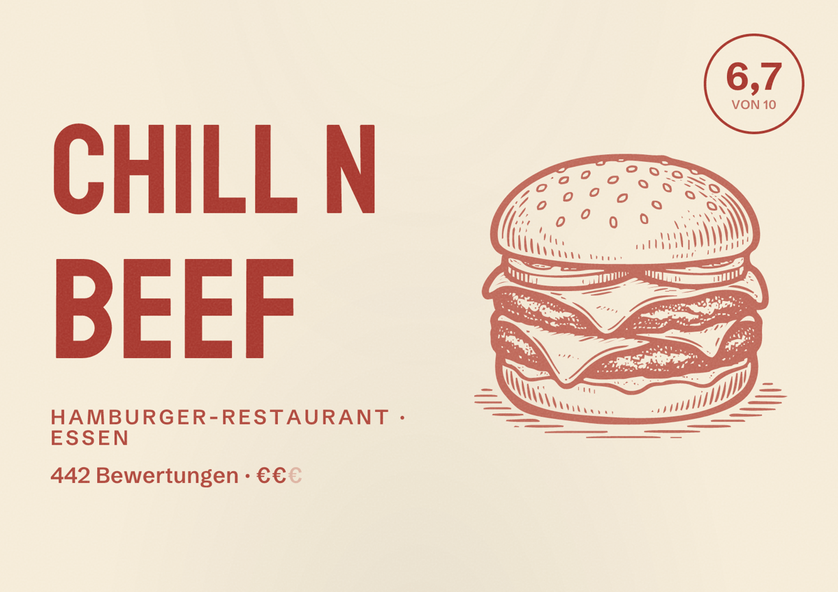Illustriertes Poster von Chill n Beef, Hamburger-Restaurant in Essen: Bewertung 6,7 von 10 aus 442 Bewertungen, Preisniveau €€