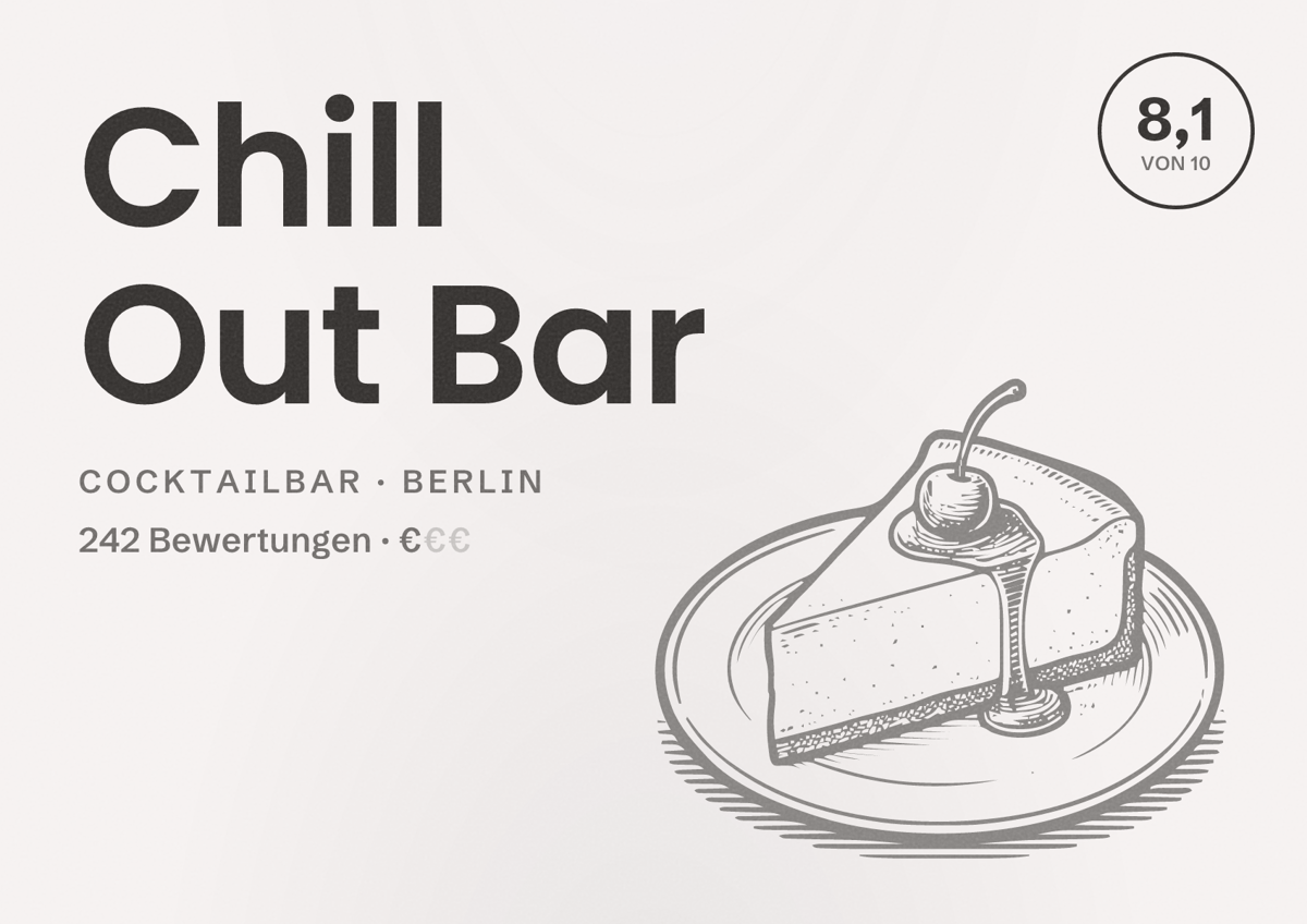 Illustriertes Poster von Chill Out Bar, Cocktailbar in Berlin: Bewertung 8,1 von 10 aus 242 Bewertungen, Preisniveau €