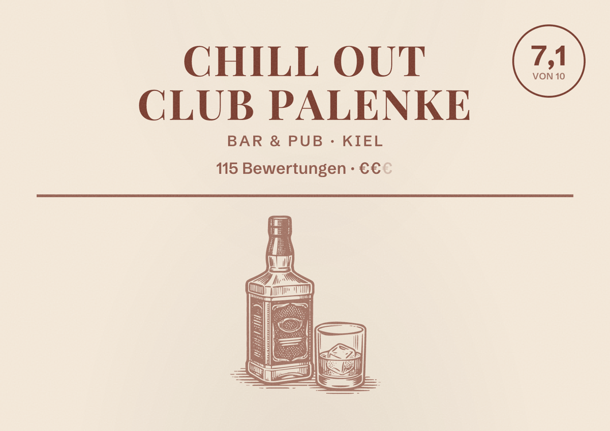Illustriertes Poster von Chill out Club Palenke, Bar & Pub in Kiel: Bewertung 7,1 von 10 aus 115 Bewertungen, Preisniveau €€