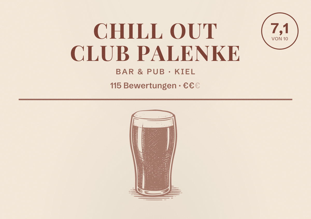 Illustriertes Poster von Chill out Club Palenke, Bar & Pub in Kiel: Bewertung 7,1 von 10 aus 115 Bewertungen, Preisniveau €€