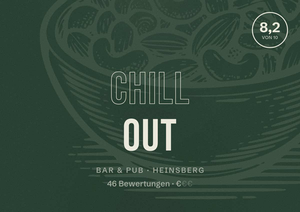 Illustriertes Poster von Chill Out, Bar & Pub in Heinsberg: Bewertung 8,2 von 10 aus 46 Bewertungen, Preisniveau €