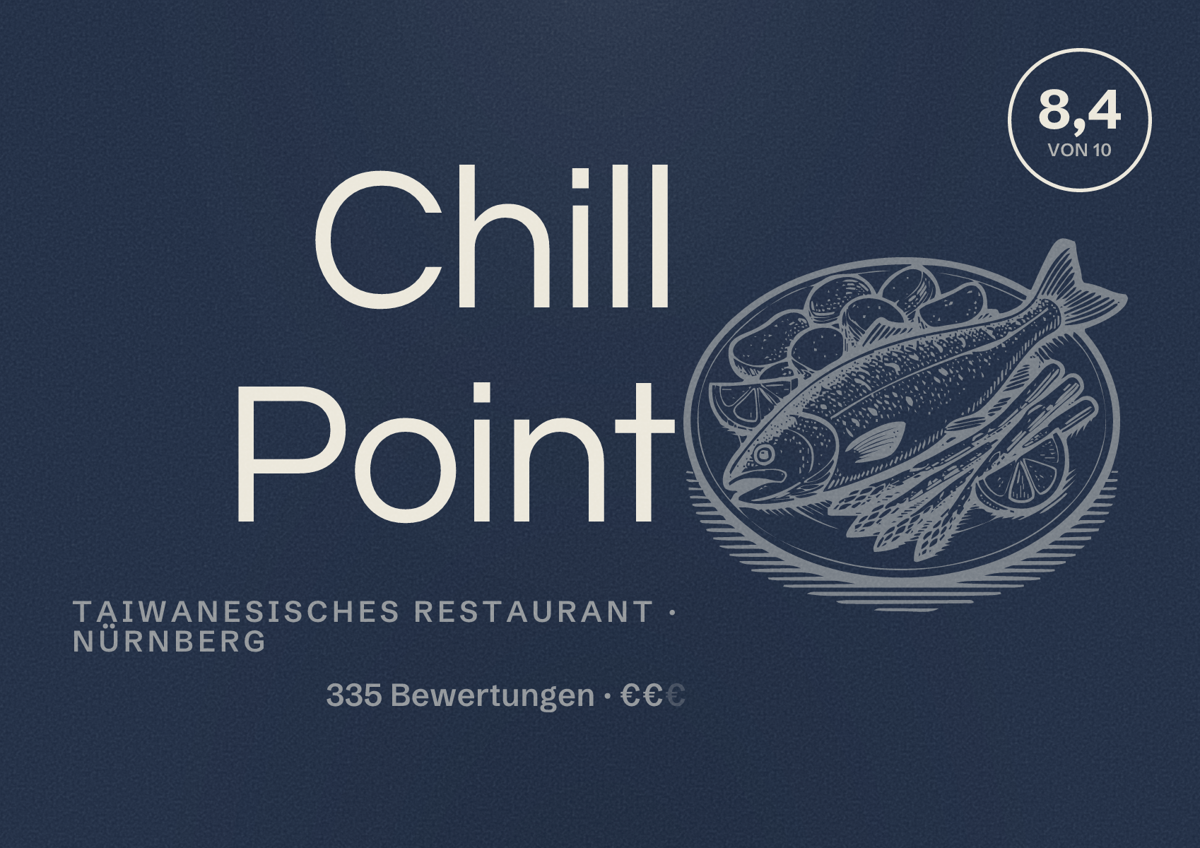 Illustriertes Poster von Chill Point, Taiwanesisches Restaurant in Nürnberg: Bewertung 8,4 von 10 aus 335 Bewertungen, Preisniveau €€