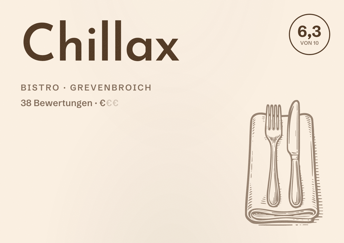 Illustriertes Poster von Chillax, Bistro in Grevenbroich: Bewertung 6,3 von 10 aus 38 Bewertungen, Preisniveau €