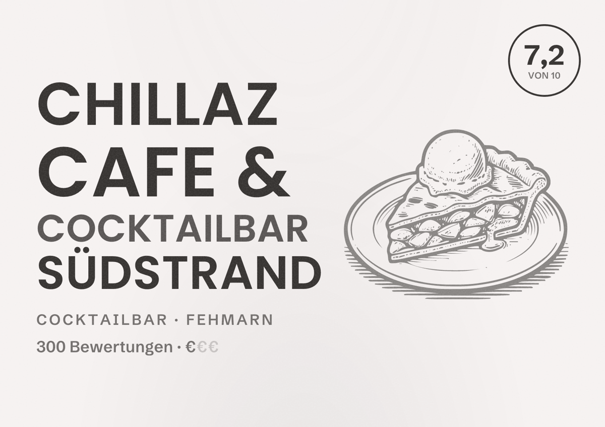Illustriertes Poster von Chillaz Cafe & Cocktailbar Südstrand, Cocktailbar in Fehmarn: Bewertung 7,2 von 10 aus 300 Bewertungen, Preisniveau €
