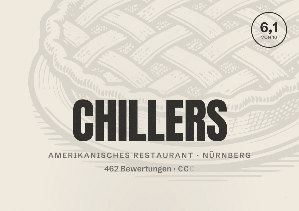 Illustriertes Poster von CHILLERS, Amerikanisches Restaurant in Nürnberg: Bewertung 6,1 von 10 aus 462 Bewertungen, Preisniveau €€
