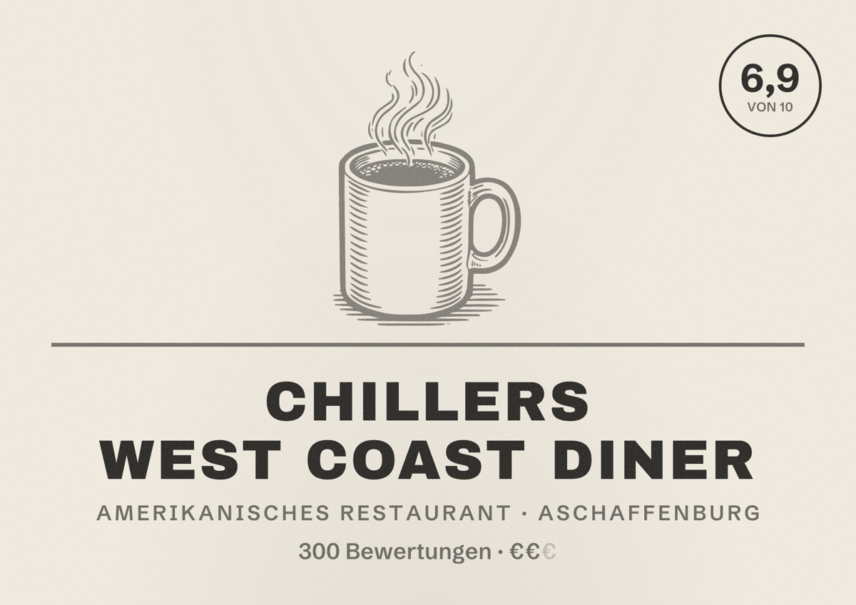 Illustriertes Poster von Chillers West Coast Diner, Amerikanisches Restaurant in Aschaffenburg: Bewertung 6,9 von 10 aus 300 Bewertungen, Preisniveau €€