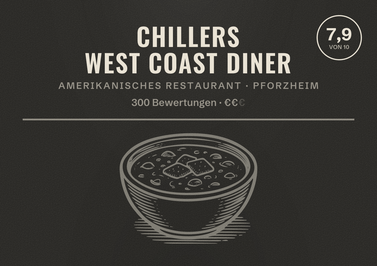 Illustriertes Poster von CHILLERS West Coast Diner, Amerikanisches Restaurant in Pforzheim: Bewertung 7,9 von 10 aus 300 Bewertungen, Preisniveau €€