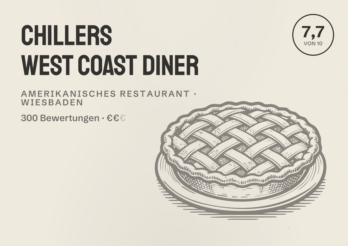 Illustriertes Poster von Chillers West Coast Diner, Amerikanisches Restaurant in Wiesbaden: Bewertung 7,7 von 10 aus 300 Bewertungen, Preisniveau €€