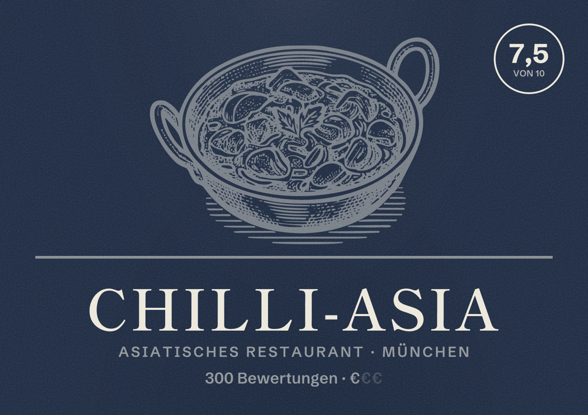 Illustriertes Poster von Chilli-Asia, Asiatisches Restaurant in München: Bewertung 7,5 von 10 aus 300 Bewertungen, Preisniveau €