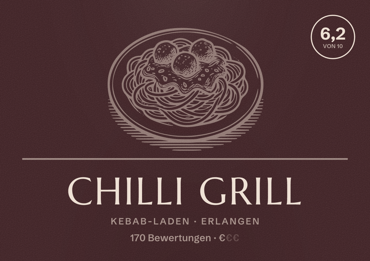 Illustriertes Poster von Chilli Grill, Kebab-Laden in Erlangen: Bewertung 6,2 von 10 aus 170 Bewertungen, Preisniveau €