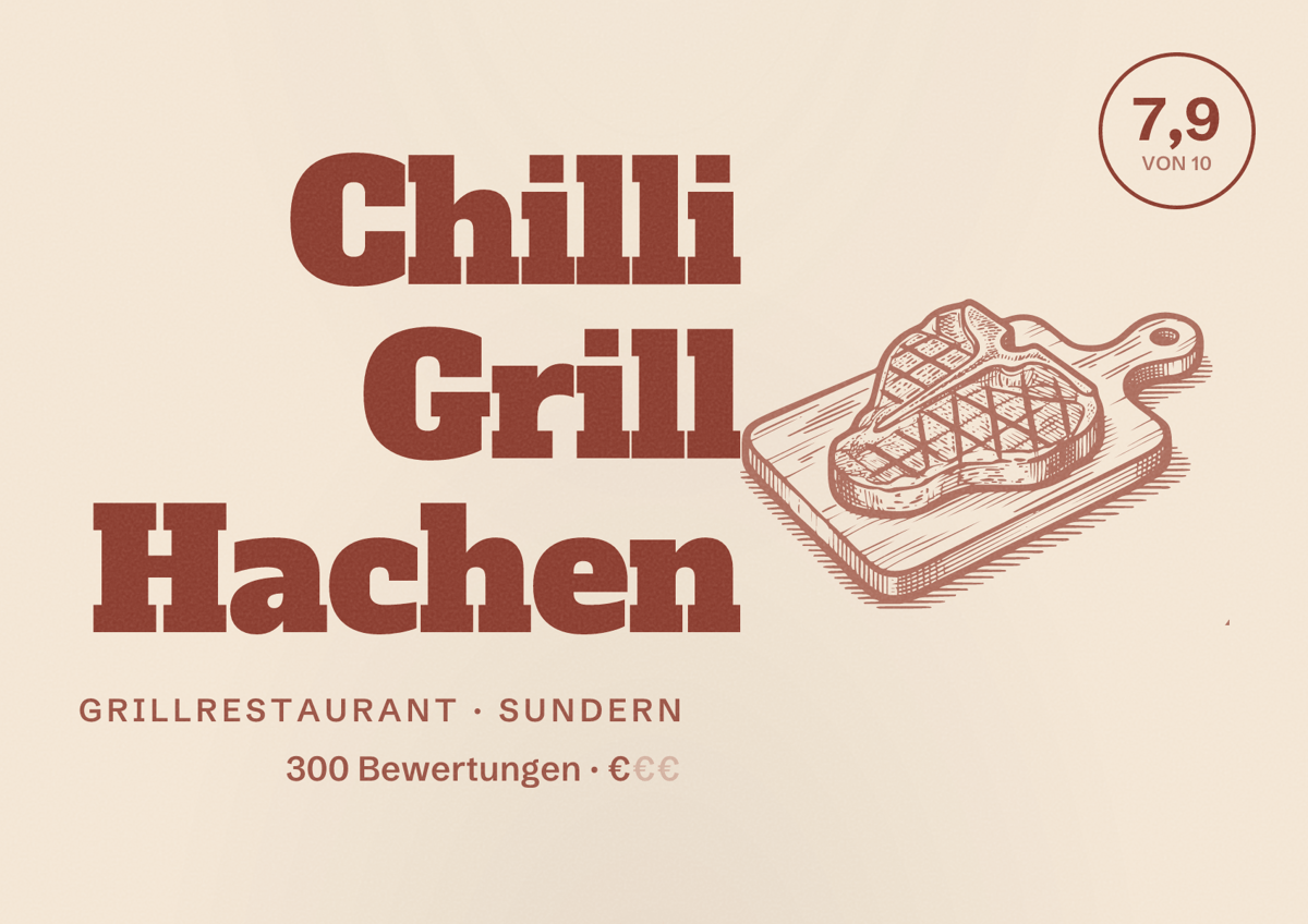 Illustriertes Poster von Chilli Grill Hachen, Grillrestaurant in Sundern: Bewertung 7,9 von 10 aus 300 Bewertungen, Preisniveau €