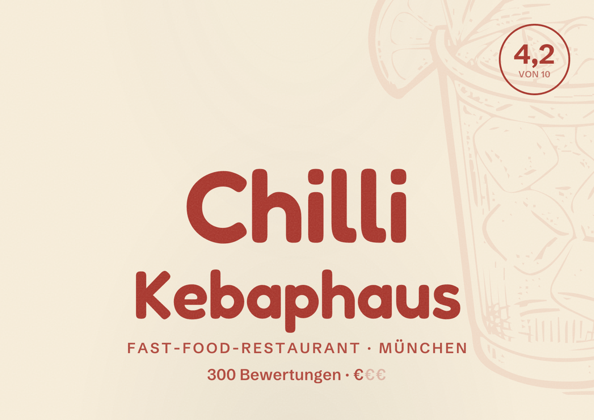 Illustriertes Poster von Chilli Kebaphaus, Fast-Food-Restaurant in München: Bewertung 4,2 von 10 aus 300 Bewertungen, Preisniveau €