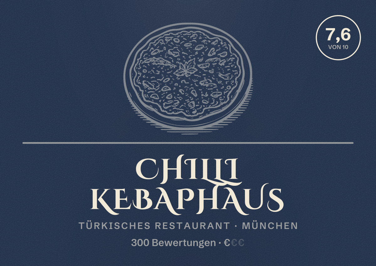 Illustriertes Poster von Chilli Kebaphaus, Türkisches Restaurant in München: Bewertung 7,6 von 10 aus 300 Bewertungen, Preisniveau €