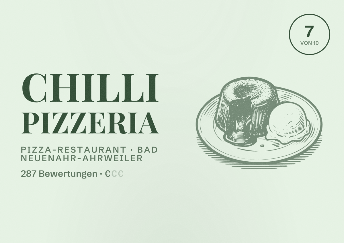 Illustriertes Poster von Chilli Pizzeria, Pizza-Restaurant in Bad Neuenahr-Ahrweiler: Bewertung 7 von 10 aus 287 Bewertungen, Preisniveau €
