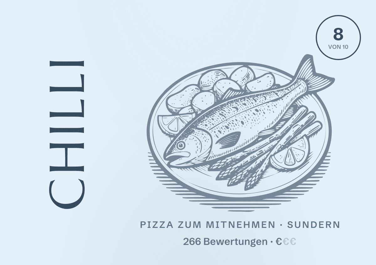 Illustriertes Poster von Chilli, Pizza zum Mitnehmen in Sundern: Bewertung 8 von 10 aus 266 Bewertungen, Preisniveau €