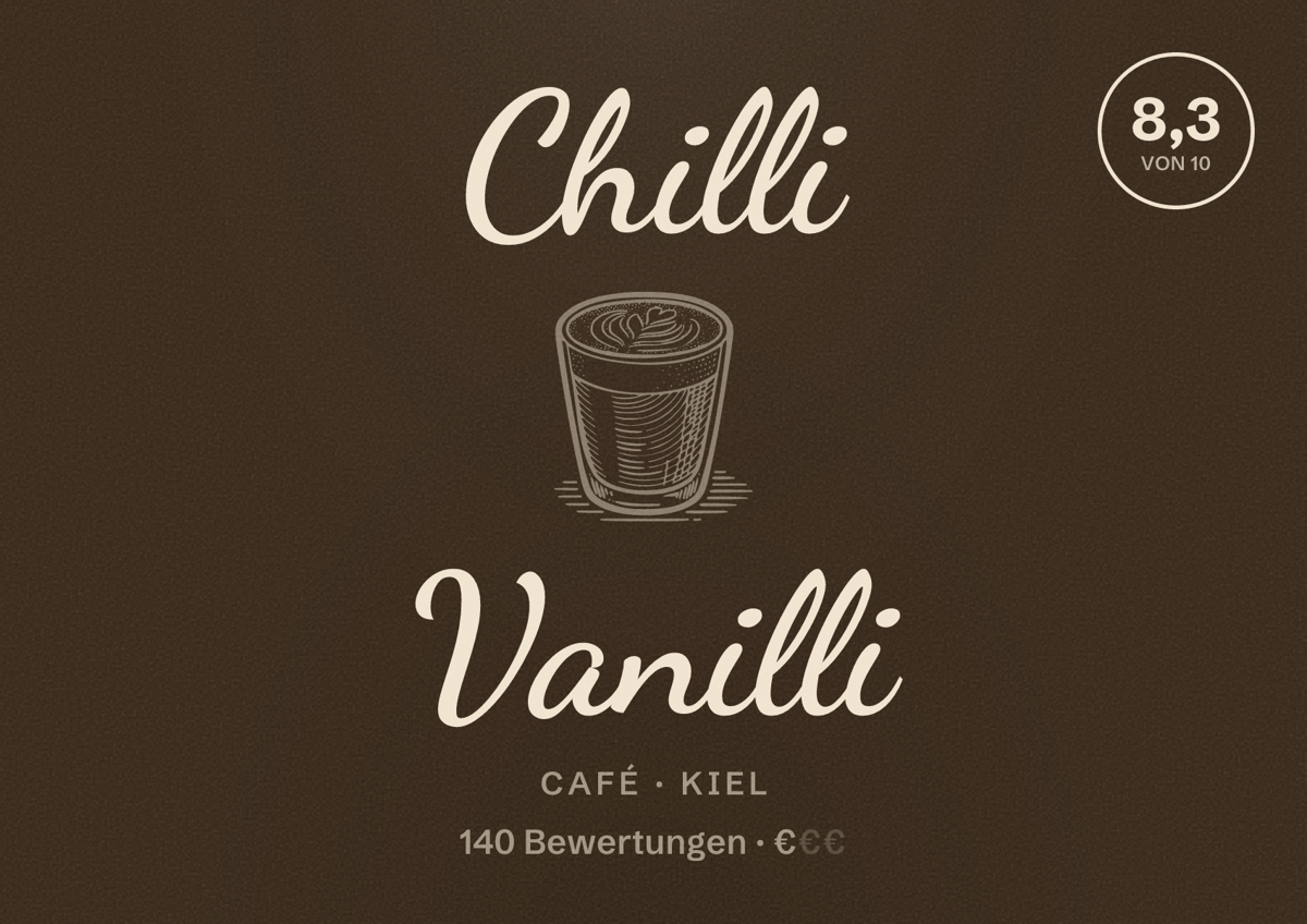 Illustriertes Poster von Chilli Vanilli, Café in Kiel: Bewertung 8,3 von 10 aus 140 Bewertungen, Preisniveau €