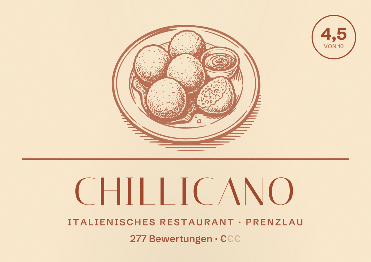 Illustriertes Poster von Chillicano, Italienisches Restaurant in Prenzlau: Bewertung 4,5 von 10 aus 277 Bewertungen, Preisniveau €