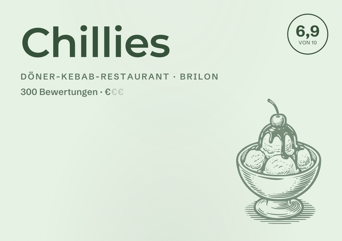 Illustriertes Poster von Chillies, Döner-Kebab-Restaurant in Brilon: Bewertung 6,9 von 10 aus 300 Bewertungen, Preisniveau €