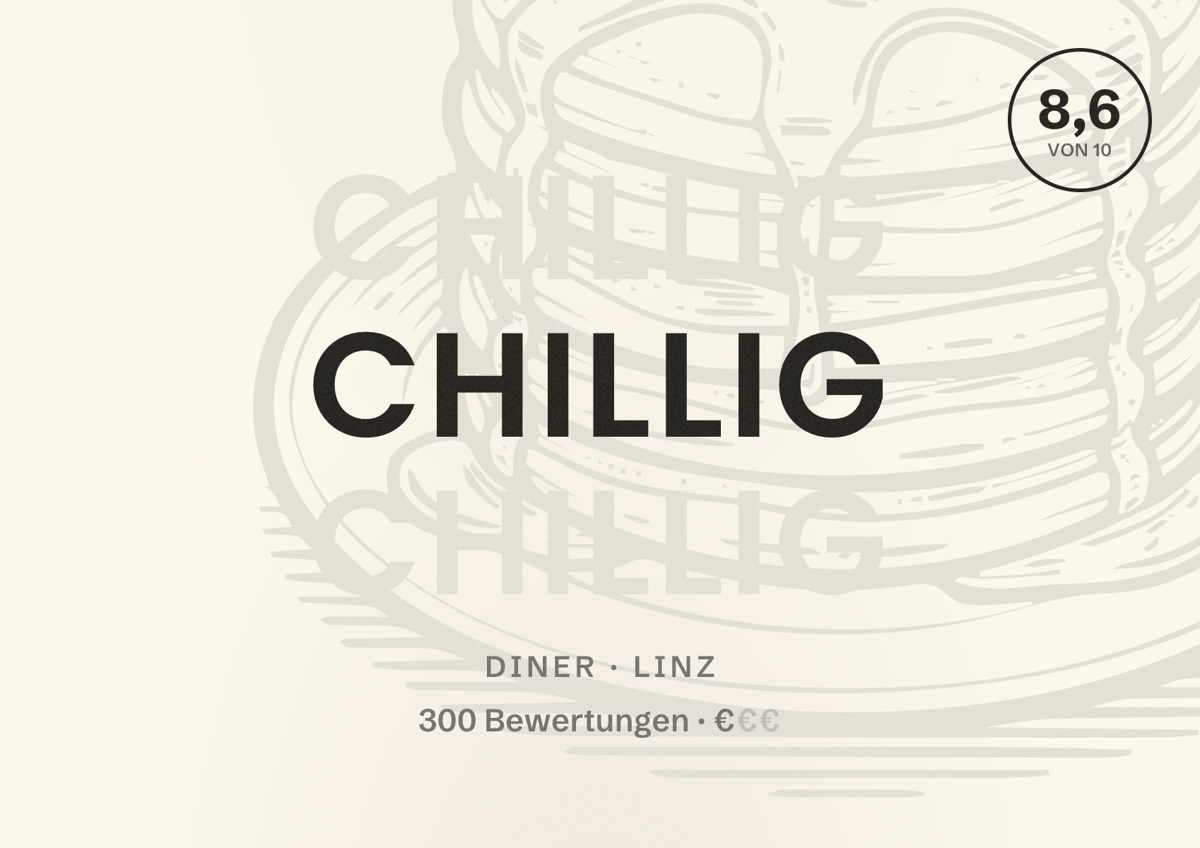Illustriertes Poster von Chillig, Diner in Linz: Bewertung 8,6 von 10 aus 300 Bewertungen, Preisniveau €