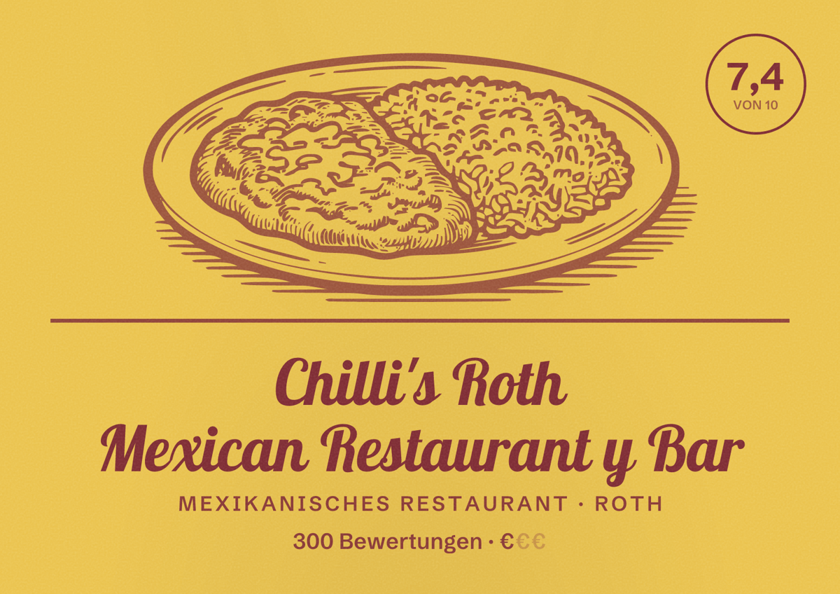 Illustriertes Poster von Chilli's Roth Mexican Restaurant y Bar, Mexikanisches Restaurant in Roth: Bewertung 7,4 von 10 aus 300 Bewertungen, Preisniveau €