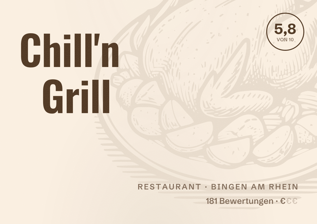 Illustriertes Poster von Chill'n Grill, Restaurant in Bingen am Rhein: Bewertung 5,8 von 10 aus 181 Bewertungen, Preisniveau €