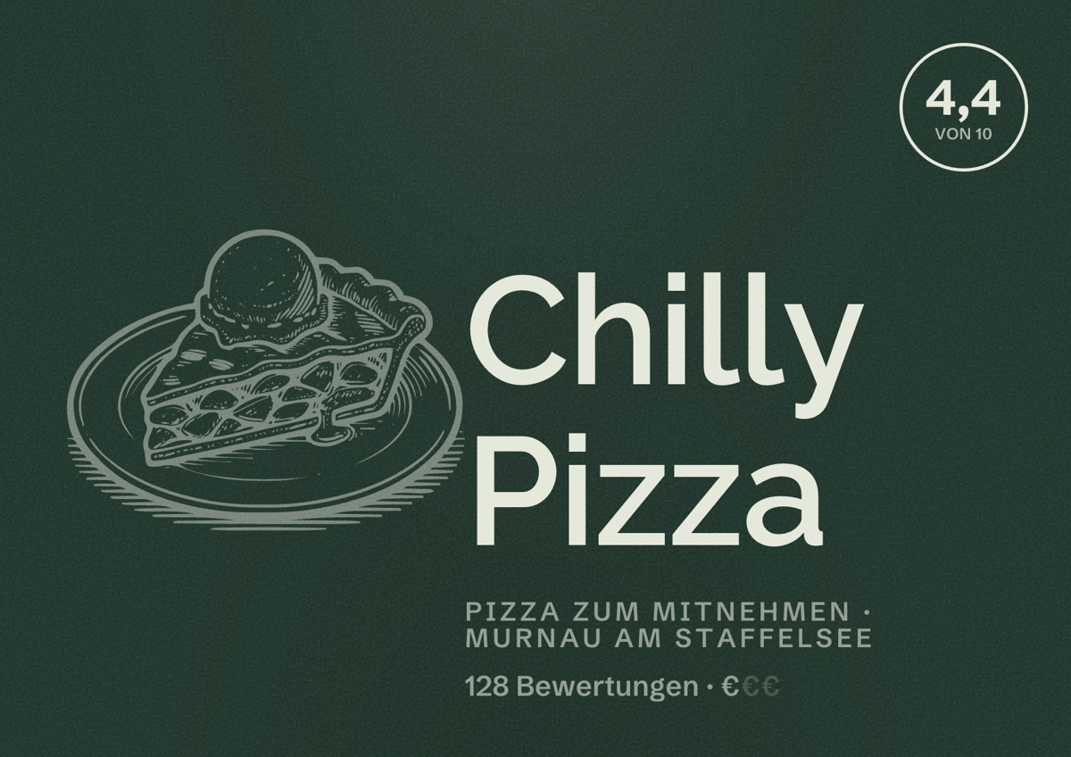 Illustriertes Poster von Chilly Pizza, Pizza zum Mitnehmen in Murnau am Staffelsee: Bewertung 4,4 von 10 aus 128 Bewertungen, Preisniveau €