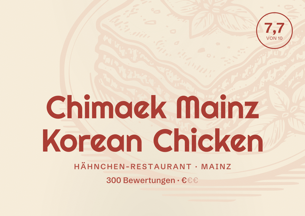 Illustriertes Poster von Chimaek Mainz Korean Chicken, Hähnchen-Restaurant in Mainz: Bewertung 7,7 von 10 aus 300 Bewertungen, Preisniveau €