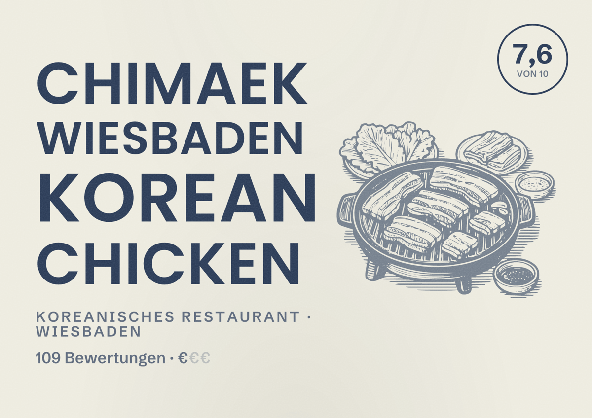 Illustriertes Poster von Chimaek Wiesbaden Korean Chicken, Koreanisches Restaurant in Wiesbaden: Bewertung 7,6 von 10 aus 109 Bewertungen, Preisniveau €