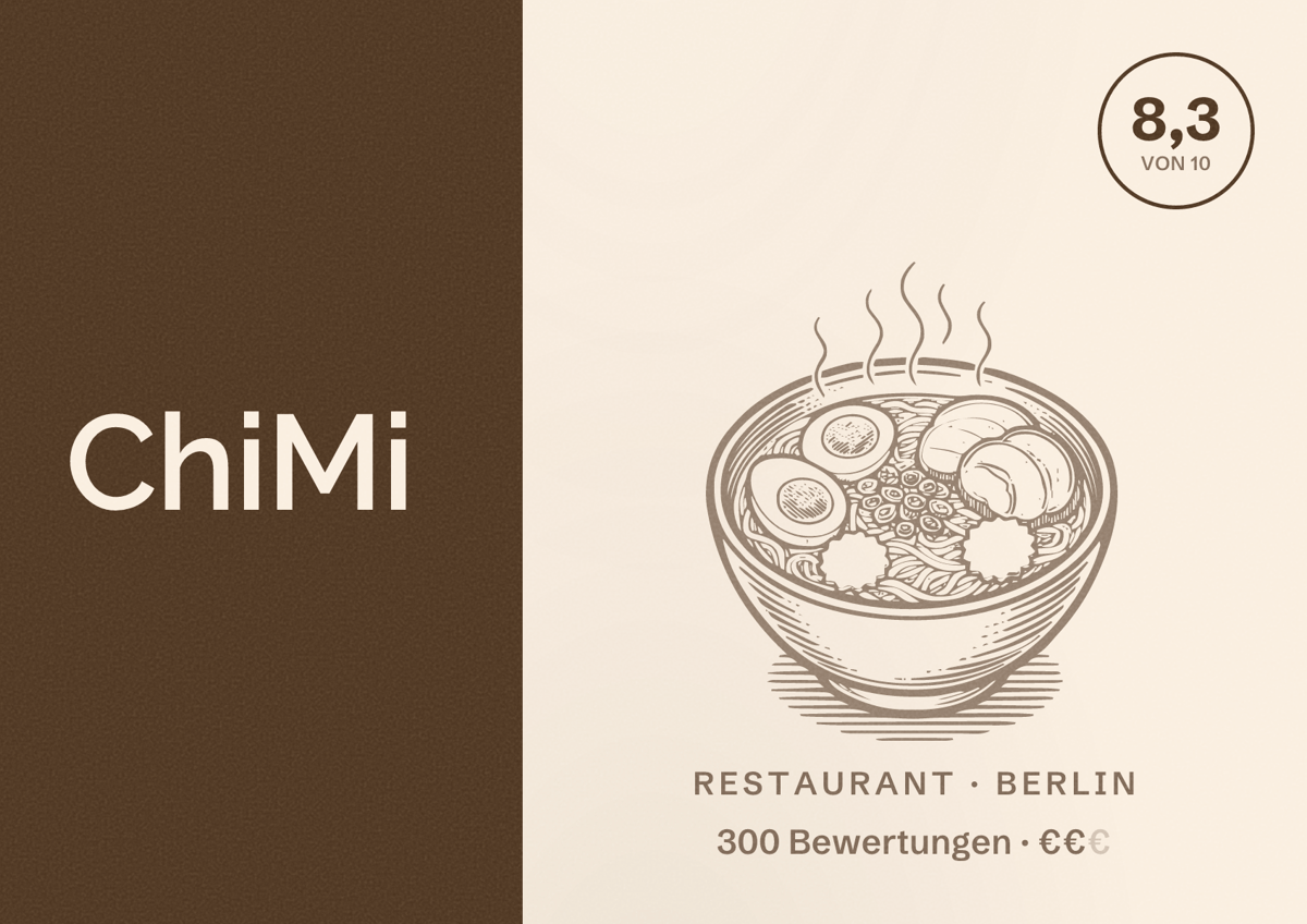 Illustriertes Poster von ChiMi, Restaurant in Berlin: Bewertung 8,3 von 10 aus 300 Bewertungen, Preisniveau €€