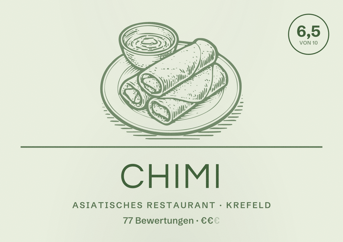 Illustriertes Poster von Chimi, Asiatisches Restaurant in Krefeld: Bewertung 6,5 von 10 aus 77 Bewertungen, Preisniveau €€