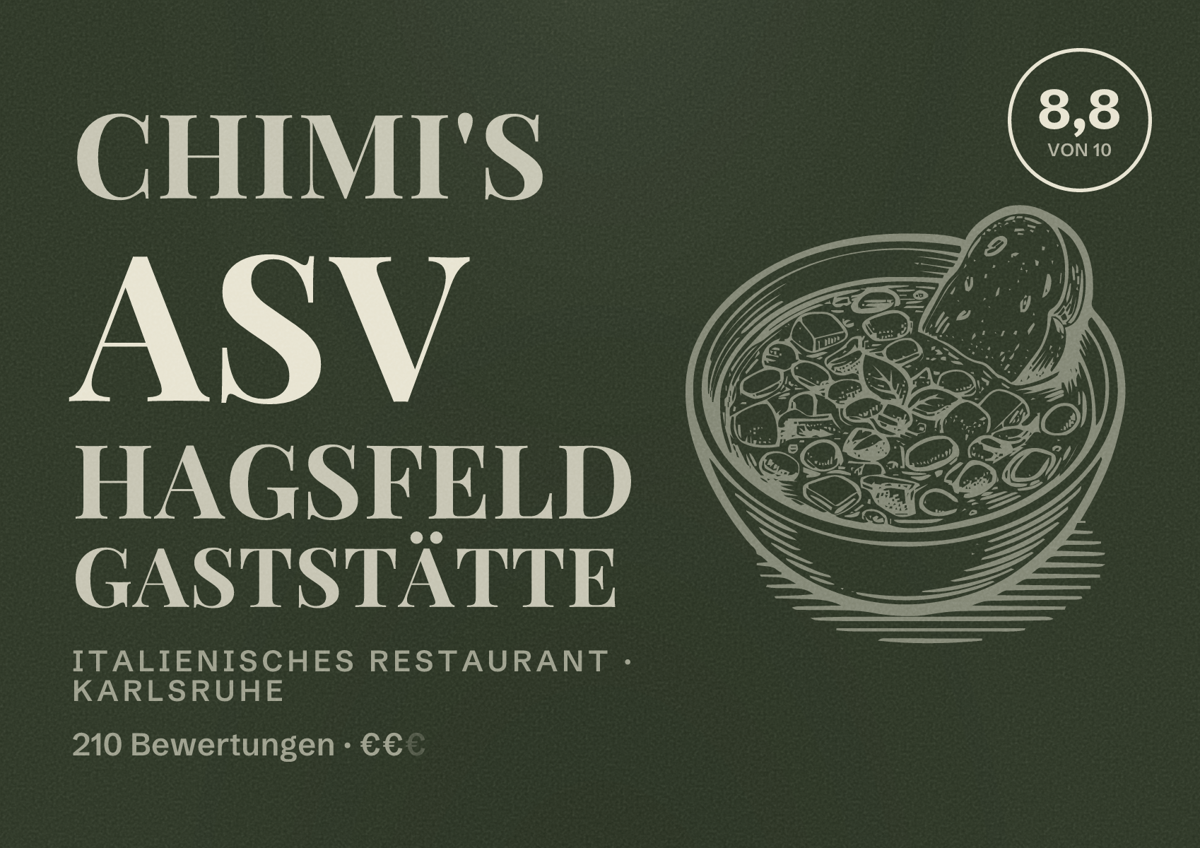 Illustriertes Poster von Chimi's ASV Hagsfeld Gaststätte, Italienisches Restaurant in Karlsruhe: Bewertung 8,8 von 10 aus 210 Bewertungen, Preisniveau €€