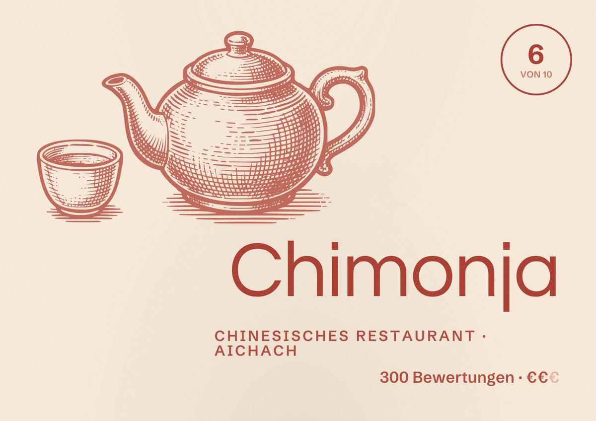 Illustriertes Poster von Chimonja, Chinesisches Restaurant in Aichach: Bewertung 6 von 10 aus 300 Bewertungen, Preisniveau €€
