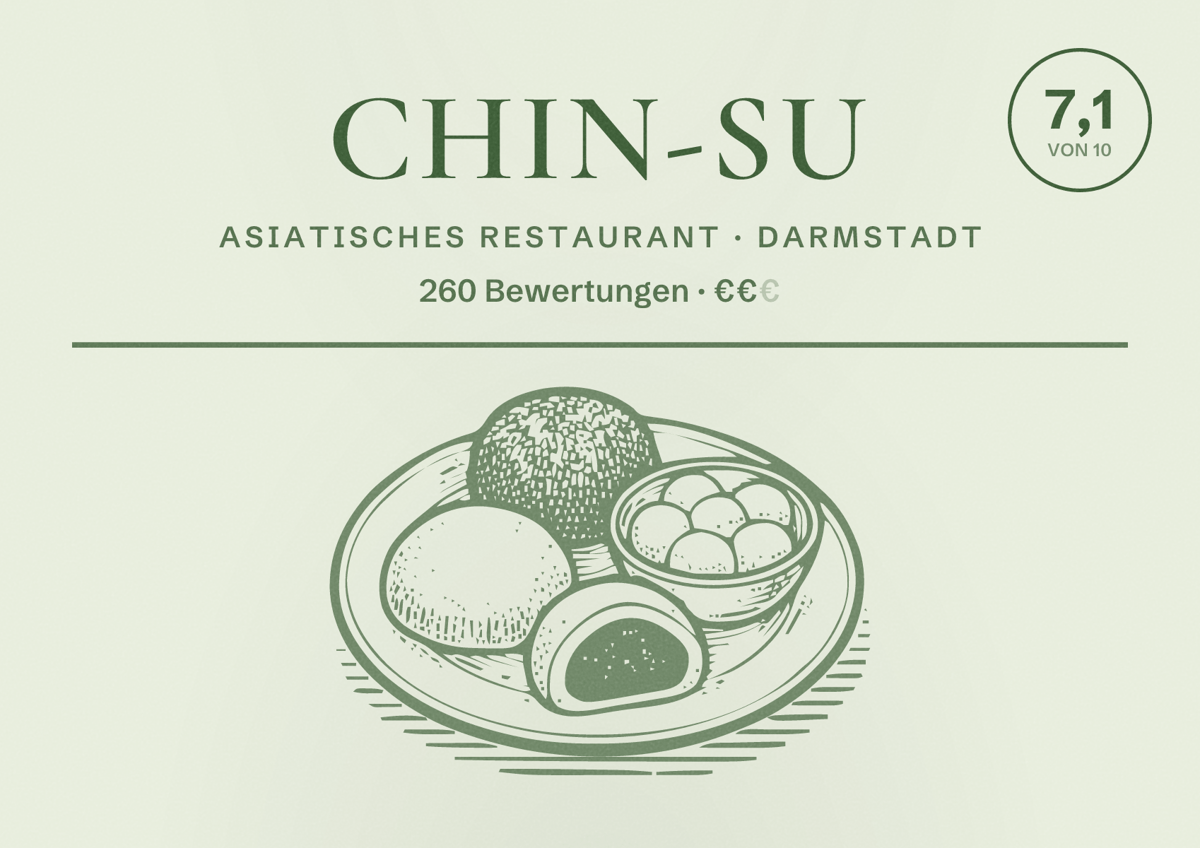 Illustriertes Poster von Chin-Su, Asiatisches Restaurant in Darmstadt: Bewertung 7,1 von 10 aus 260 Bewertungen, Preisniveau €€
