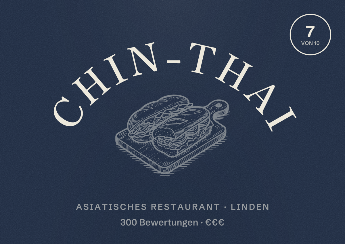 Illustriertes Poster von Chin-Thai, Asiatisches Restaurant in Linden: Bewertung 7 von 10 aus 300 Bewertungen, Preisniveau €€€