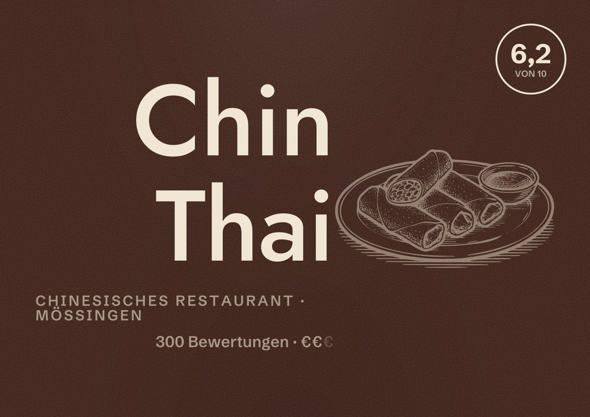Illustriertes Poster von Chin Thai, Chinesisches Restaurant in Mössingen: Bewertung 6,2 von 10 aus 300 Bewertungen, Preisniveau €€