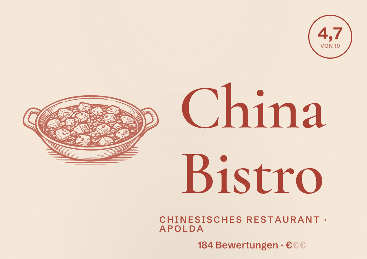 Illustriertes Poster von China Bistro, Chinesisches Restaurant in Apolda: Bewertung 4,7 von 10 aus 184 Bewertungen, Preisniveau €