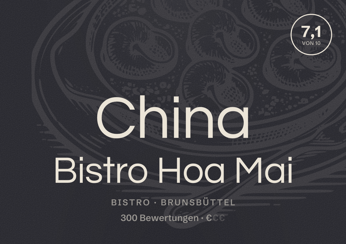 Illustriertes Poster von China Bistro Hoa Mai, Bistro in Brunsbüttel: Bewertung 7,1 von 10 aus 300 Bewertungen, Preisniveau €