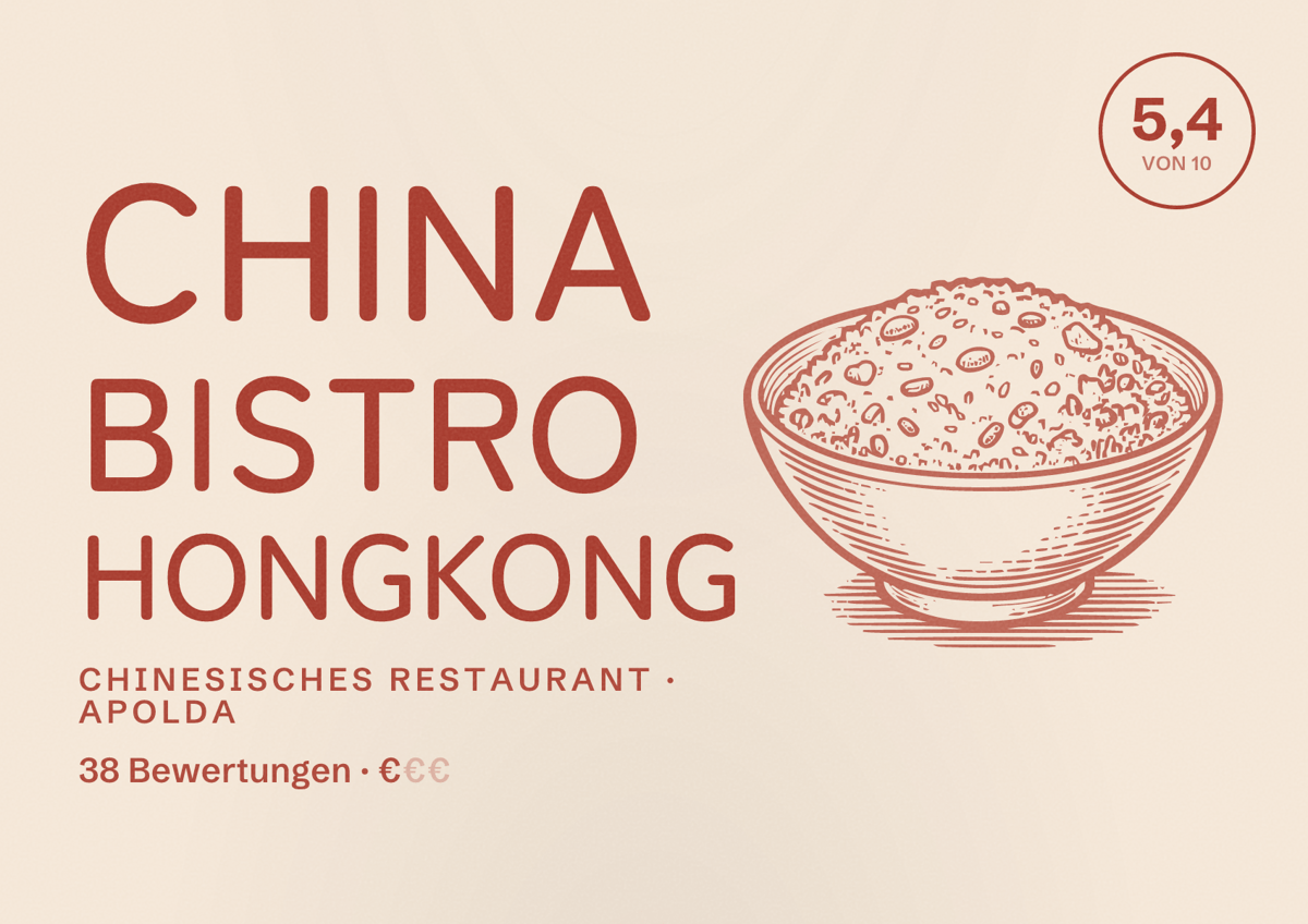 Illustriertes Poster von China Bistro Hongkong, Chinesisches Restaurant in Apolda: Bewertung 5,4 von 10 aus 38 Bewertungen, Preisniveau €