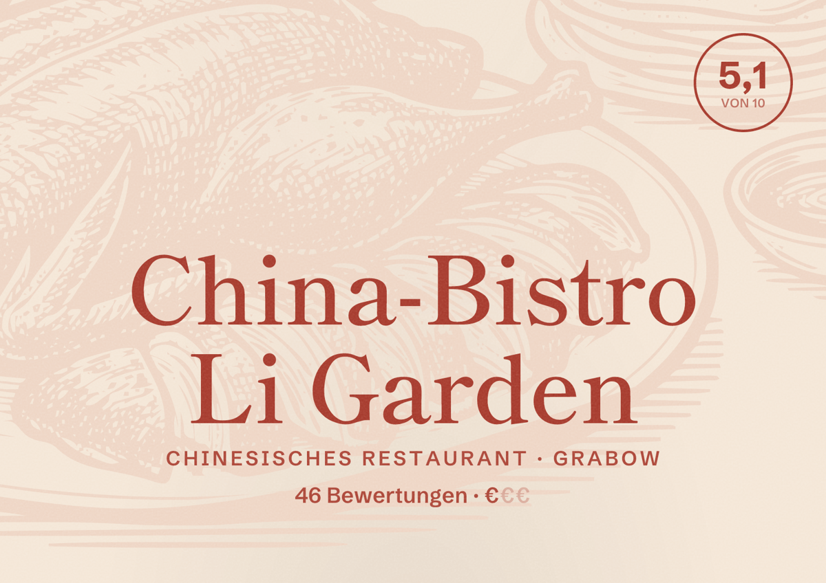 Illustriertes Poster von China-Bistro Li Garden, Chinesisches Restaurant in Grabow: Bewertung 5,1 von 10 aus 46 Bewertungen, Preisniveau €