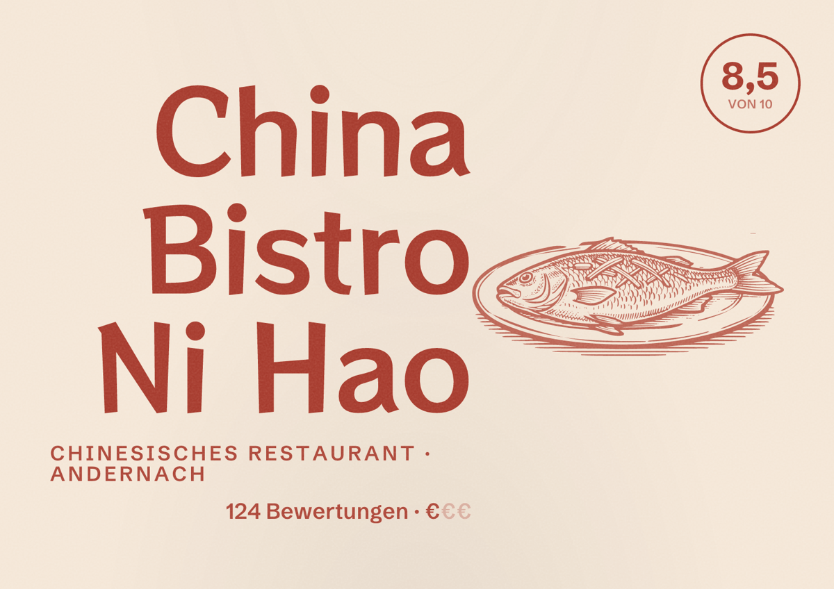 Illustriertes Poster von China Bistro Ni Hao, Chinesisches Restaurant in Andernach: Bewertung 8,5 von 10 aus 124 Bewertungen, Preisniveau €